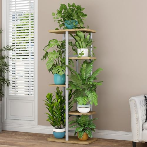 5 Tier Hölzern Blumenregal Metall Pflanzenregal, Mehrstöckig Blumenständer, Pflanzenständer Indoor Outdoor, Blumenbank Blumentreppe, Pflanzentreppe Standregal für Garten, Balkon, Terrasse, A