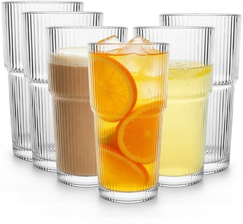 Yeelua 550ML Highball Glasses, 6pcs Ribbed Drinking for Iced Coffee, Cocktails, Smoothies & Tea, Water Gin Juice Cocktail Drinking Glassware Tumblers Set