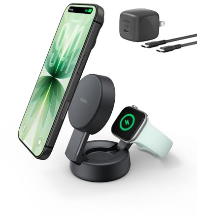 Belkin MagSafe Charger Compatible, 2-in-1 Wireless Charging Station, Qi2.2 25W Convertible Magnetic Charger for iPhone 17, Apple Watch Series 10, Google Pixel 10, and More (45W Adapter Included)