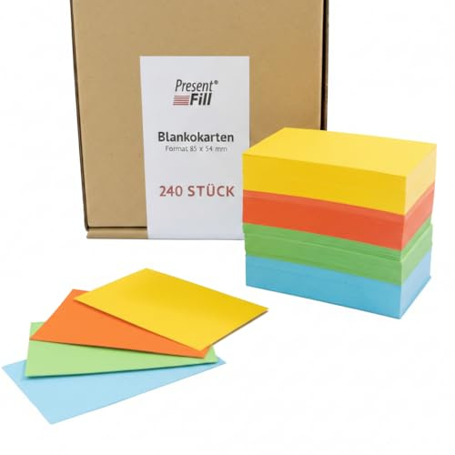 PresentFill 240 Blanko Karten zum selbstgestalten - Sommer Bunt Mix im Scheckkartenformat als Visitenkarten, Karteikarten, Memokarten, Lernkarten, Made in Germany I 100% Recycling Kraftpapier