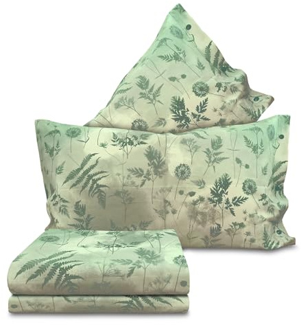 Completo Lenzuola TARASSACO fiorato fiori soffioni Verde estate 100% cotone Made in Italy - Letto Misura 1 Piazza e 1/2 con 2 federe