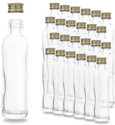 24 leere Mini Glasflaschen 40 ml (0,04l) - Hochwertige Schraubverschluss Flaschen Gold PP18, Metall - Kleine Glasflaschen zum Befüllen – ideal verwendbar als kleine Schnapsflaschen (24)