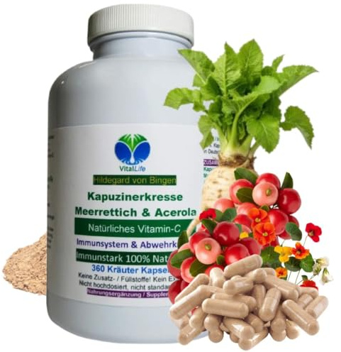 Immunstark für IMMUNSYSTEM & ABWEHRKRÄFTE nach Hildegard von Bingen. 360 Pulver Kapseln - KAPUZINERKRESSE + MEERRETTICH + ACEROLA VITAMIN-C. NATUR pur - ohne ZUSATZSTOFFE. 26665-360