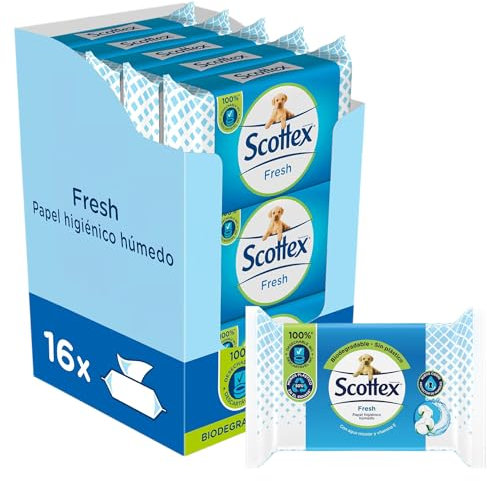 Scottex Papel Higiénico Húmedo Fresh con Agua Micelar y Vitamina E, Biodegradable y Sin Plástico | 16 paquetes de 74 servicios, 1184 unidades | Toallitas Húmedas Desechables por WC