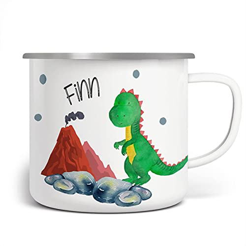 miKalino Emaille Tasse Jungs - Personalisierte Kindertasse mit Dinosaurier-Motiv - Weißer Emaille Becher mit Namen