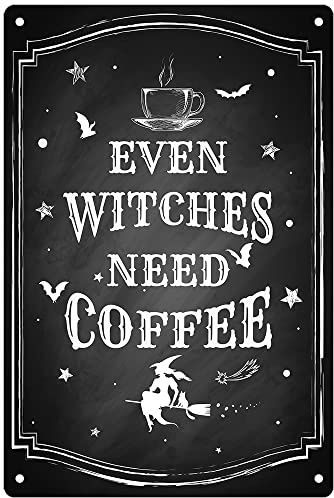 IRISVITA Schwarze Hexendekoration, auch Hexen brauchen Kaffee, Hexe, Küchendekoration, Kaffee-Bar-Dekor, Küchen-Hexe, Kaffee-Schild, Gothic-Wanddekoration, 30x20 cm