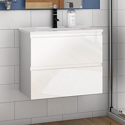 Aica Sanitär Badmöbel Set Hochglanz 60 cm Aalst Vormontieren Unterschrank Keramik-Waschbecken Waschtisch Hochglanz Weiß