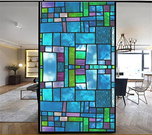 Sichtschutzfolie Selbstklebend, Milchglasfolie Statisch Haftend, 3D Buntglas Dekorfolie, Nein Formaldehyd,Anti-UV für Badezimmer Schlafzimmer Küche - Blaues Quadrat(90cmx200cm)