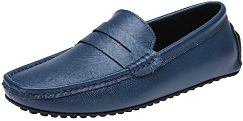ANUFER Hommes Classique Mocassins Penny Plat Glisser sur Tendre Cuir Fendu Mocassins Chaussures de Conduite Marine SN070440 EU41