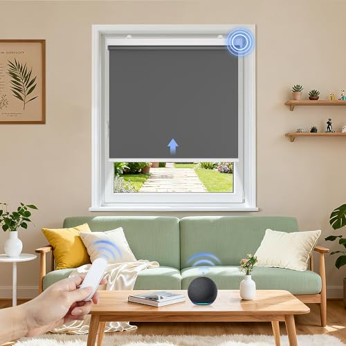 Grandekor Elektrische Rollos Innen,Verdunklungsrollo ohne Bohren mit Fernbedienung & Leiser Motor Dunkelgrau 110x200cm,Smart Rollo für Fenster mit Metal Klemmträger,Thermorollo Sonnen-& Sichtschutz