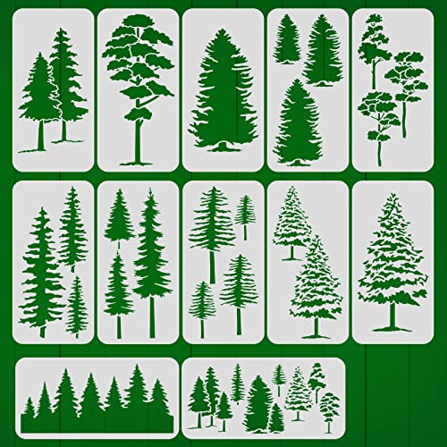 BENECREAT 12-Teiliges Kiefern- Und Tannenbaum-Schablonen-Set, 15x30 cm / 5.9x12 Zoll e Winterthema-Plastikkunst-Malvorlagen Für Sammelalbum-Dekoration DIY-Handwerk