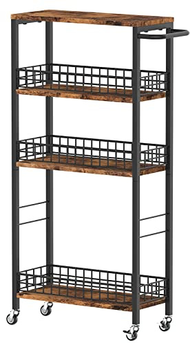 Slim Storage Cart Rolling Kitchen Cart with Wheels Narrow Laundry Storage Utility Cart 4 Tier Bathroom Mobile Shelving Unit Organizer with Wood Tabletop Trolly Cart with Handle for Small Spaces, Brown