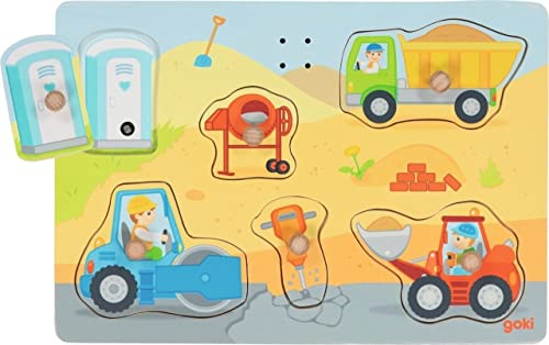 goki 57369 – Steckpuzzle Auf der Baustelle, Klangpuzzle mit Baustellensounds - 6 Teile - Soundpuzzle aus Holz