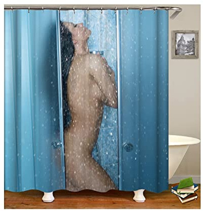 Mesnt Duschvorhang Polyester 180 X 200, Nackte Dusche Frau Muster Badezimmer Textil Vorhang Anti Schimmel, Blau