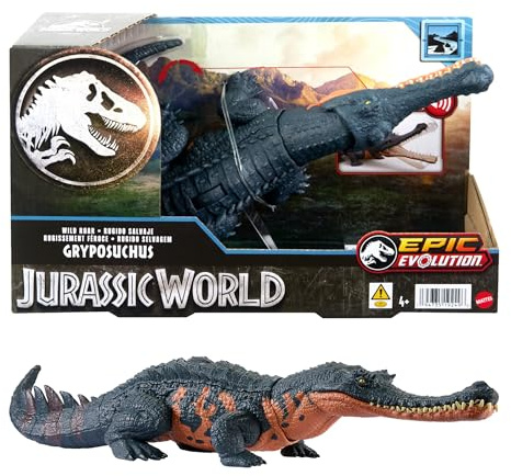 Mattel Jurassic World Wild Roar Gryposuchus-dinosauriefigur med kontinuerligt rytande ljud och attackfunktion, ställbar fysisk leksak och digital lek HTK71