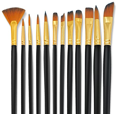 PaintBrushes,12 Pcs Paint Brush Set, Multiple sizes Nylon Hair Paint Brush Wooden Pen Body, Suitable for Model Painting,Art Painting,Acrylic, Watercolour, Oil and Gouache Paintings (Black)
