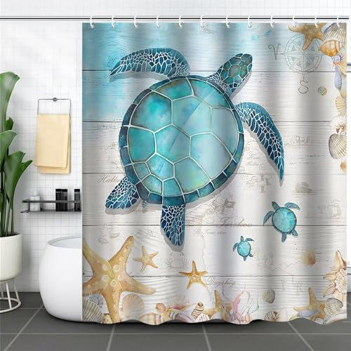 Meeresschildkröten Duschvorhänge mit 12 Haken, Polyster 180x180cm Wasserdicht Duschvorhang für Badezimmer, Gewichteter Saum, Badewannen Hotelvorhang, Maschinenwaschbar, Schnell Trocknend Q-643