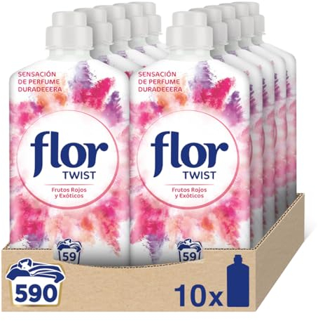 Flor Twist Frutos Rojos y Exóticos - Suavizante concentrado para la ropa con notas naturales - 590 lavados (10 botellas de 59 lavados)