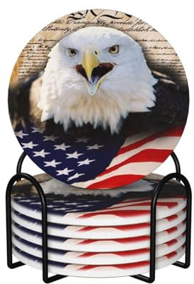 Patriotischer Weißkopfseeadler mit amerikanischer Flagge, bedruckte Keramik-Untersetzer, runde Form, rutschfeste Getränkeuntersetzer mit saugfähigem Korkboden und Metallhalter, 6 Stück