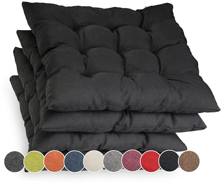 sunnypillow 4er Set Stuhlkissen mit Bändern 45x45 cm - Bequeme Polsterauflage 8cm dick - Auflage für Stühle/Bänke in Haus und Garten Sitzkissen Sitzauflage Gartenkissen Outdoor/Indoor - Schwarz