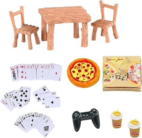 Super Idee Miniatur Wichtel Zubehör: Tisch und Stühle, Pizza, Game Controller, Kartenspiel Set, Popcorn Becher - Weihnachten Puppenhaus Zubehör