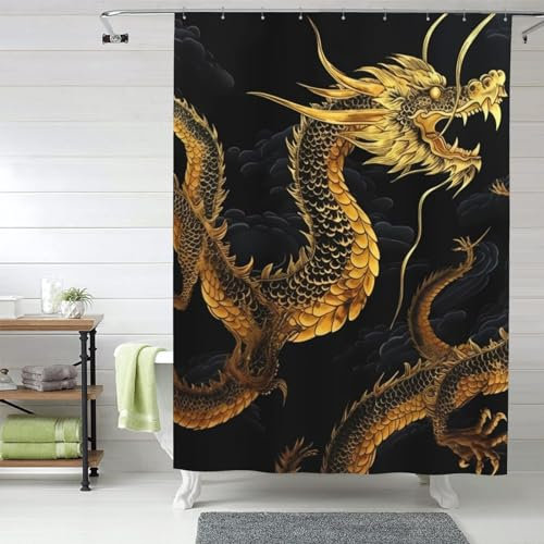 KHiry Duschvorhang mit 12 Haken, wasserdicht, für Badezimmer, Hintergrund, gelber Drache, weich, schwer, Badezimmer-Vorhang, Duscheinlage für Badezimmer, Dekoration, Badewanne, 152,4 x 183,9 cm