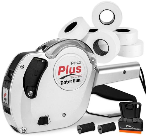 Perco Plus 1-Line Date Marking Gun with Labels Kit - Compares to Monarch 1131-01 Band Includes 1-Line 8-Character Band Date Labeler Gun, 9,000 Blank White Labels, a Label Scraper, and an Extra Inker