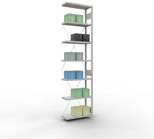qpool24 Anbauregal, Fachbodenregal Stecksystem MULTIplus250, 3000 x 750 x 300 mm (HxBxT), 7 Fachböden, Kreuzstrebe, RAL 7035 lichtgrau