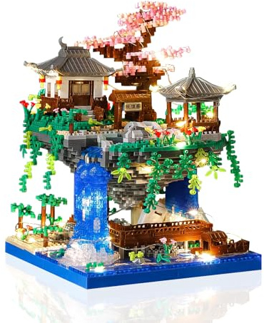 Billowvolve 3320 Teile Pfirsichblüten Teich Architektur LED Mini Baustein Garten Micro Bausteine Klemmbausteine Pflanzen Architecture Geschenk für Erwachsene oder Jugendliche