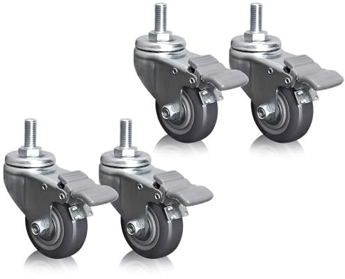 ESOYAWE Schwerlastrollen M12 Gewinde Polyurethan Lenkrollen 4 Stück, Keine Spuren & Leise Doppellager Vorbau Möbelrollen Mit Bremse, 63mm 75mm 100mm Industrierollen Für Trolleys Werkbank(Brake,63mm)