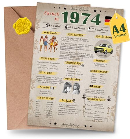 Sugeru Besondere Geburtstagskarte mit Umschlag | Jahrgang Geschenk | geburtstag frau mann | Geburtstagsdeko lustig,Tolle Geschenkidee,Chronik,Karte,Jubiläum- DIN A4 (1974)
