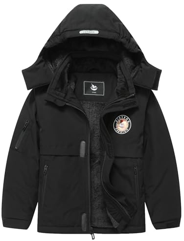CICVSOC Chaqueta de esquí para niña, abrigo de nieve cálido para niños, chaqueta de snowboard resistente al viento con capucha, Black01, 9-10