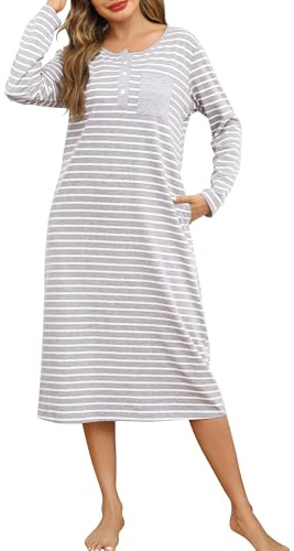 Lovasy Chemise de Nuit Coton Femme Longue Robe de Nuit à Rayures Manches Longues Vêtement de Nuit Boutonnée Douce avec Poches C Gris Clair XL