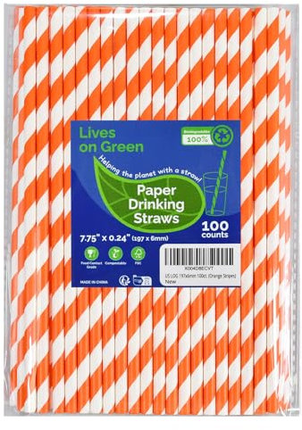 Lives on Green 19,7 cm, cannucce di carta compostabili, arancione/bianco, a righe, 100 pezzi, per cocktail, succhi di frutta, caffè, bar, ristoranti
