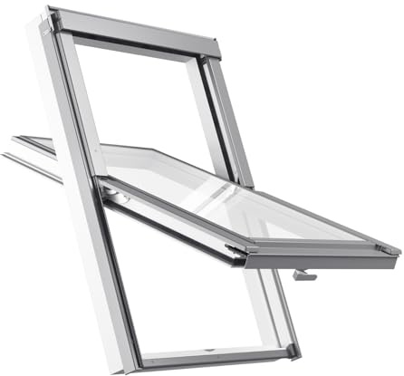Dachfenster Set für VELUX Gruppe | Kunststoff Fenster RoofLITE+ 55 x 78 cm mit 2-fach Verglasung | Schwingfenster inkl. Eindeckrahmen für Dachziegel (bis 50mm)+ Dämm- und Anschluss-Set) + Dämmrahmen