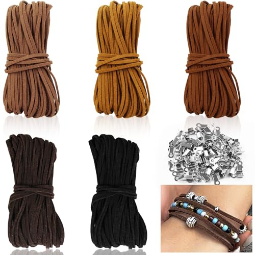 MirraSwit 5 Pezzi 10M x 2.6mm Cordino In Pelle, Corda In Pelle per Collana, Cordoncino per Braccialetti, Corda Di Cuoio, per Braccialetto Fai da Te Bracciale Gioielli Artigianali(5 Colori)
