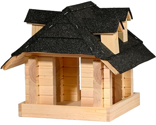 dobar Großes Vogelhaus Sort aus Massivholz mit schwarzem Bitumendach - Vogelfutterhaus für Ständermontage - Natur