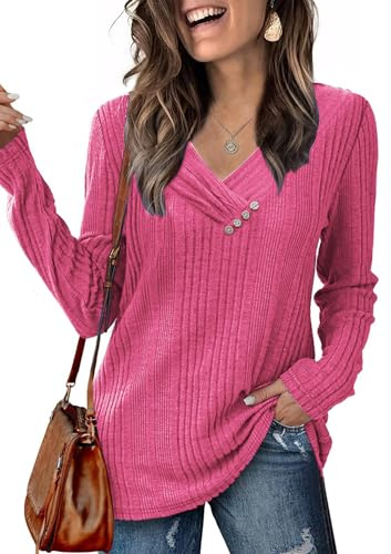 Famulily Women's Long Sleeve V Neck Tops Autumn Casual Jumpers for Ladies Basic Pullover