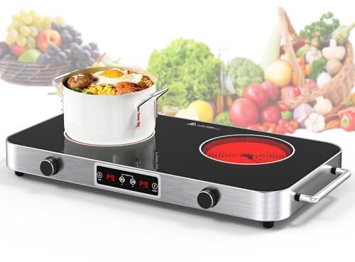 Placa de inducción de 2 fuegos, doble placa de inducción, 9 temperaturas y niveles de potencia, temporizador de 1,5 horas, para cualquier estufa plana, cocción por infrarrojos 220 v-240 V