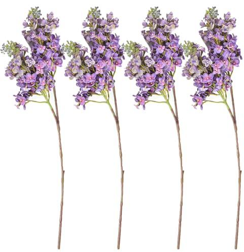 Lot de 4 branches de fleurs de lilas artificielles de 55,9 cm au toucher réaliste, violet dégradé, fausses tiges de delphinium antirrhinum pour bouquet de mariage, maison, centres de table, vase,