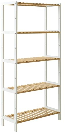 Brigros - Scaffale in Legno di Bambù con 5 Ripiani, Design Moderno Salvaspazio, Naturale e Bianco, per Bagno e Cucina