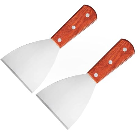 KISPATAI Stainless Steel Griddle Scraper 2PCS BBQ Grill Dough Cutter | 2 stainless steel scrapers with brown handles, ideal for BBQ, griddles, dough, pizza, pastry, veggies and cleaning