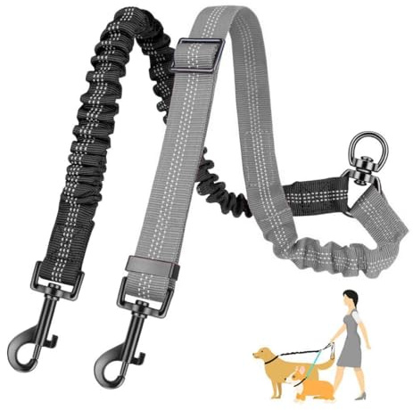 OUDQFCJ Doppelte Hundeleine Verwicklungsfreier Doppel-Hundeleinen-Koppler Kein Verheddern 360° Drehbare Reflektierende Kabelbefestigung für Kleine Mittelgroße und Große Hunde Welpen (Schwarz+Grau)