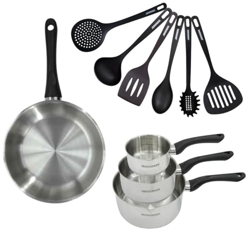Fackelmann Batterie poêle 28 cm, 3 casseroles et ustensiles | Cuisson et service réunis, 10 pièces complètes, Inox 18 8 et RPET, Poêle 28 cm et 3 casseroles, Tous feux induction four