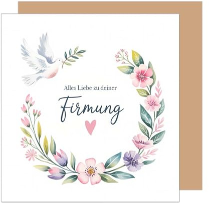 Edition Seidel FIQ128 SW025 Carte de vœux carrée de qualité supérieure pour confirmation avec enveloppe - Carte de vœux pour garçon et fille - Motif colombe et fleurs