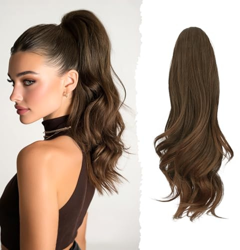 Sofeiyan Coleta Postiza Larga Ondulada con Pinza, Extensión de Coleta Natural de Doble Uso, 41 cm de Sintética Pinza de Pelo en Extensión de Trenza para Mujeres, Castaño con puntas castaño claro