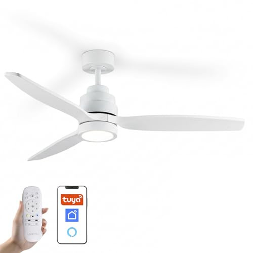 YOEVU HELIX - Ventilador de Techo con Luz WiFi Alexa App y Mando | 6 Velocidades | Ultra Silencioso | 3 Aspas 132 cm Diámetro | Temporizador | Luz LED Regulable | Motor DC | Blanco