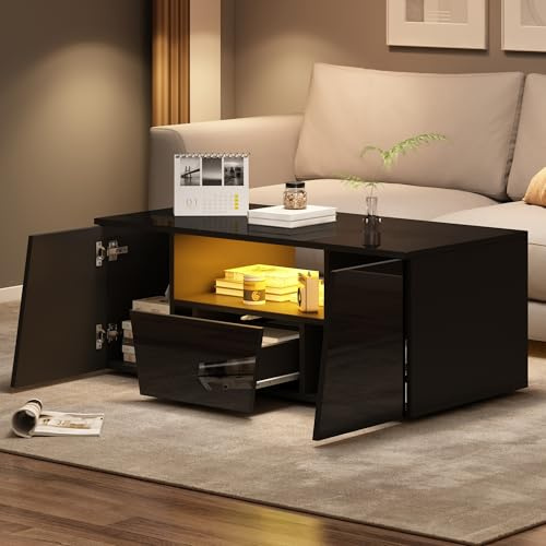 BTM 100x50x40cm couchtisch, sofatisch mit LED licht, Hochglanz-wohnzimmertisch mit 2 schränke, Beistelltisch, kaffeetisch mit 1 schublade, Unregelmäßiges Design, schwarz