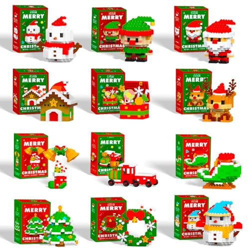 Christmas Holiday Building Blocks Set, Advent Calendar 2025,Creative Xmas Toys Bells Boot Tree Santa Reindeer Decorations, Gift Box For Holiday Presents & Festive Home Decor (12 set)