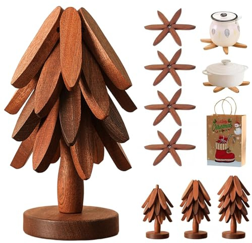 Christmas Tree Trivets for Hot Dishes,Natural Tree Trivet Set,Stand Stored Like a Christmas Tree,Foldable Kitchen Wooden Tree Trivet for Hotdishes Pot Bowl Teapot Hot Pot Holder (Walnut, 4 pieces)